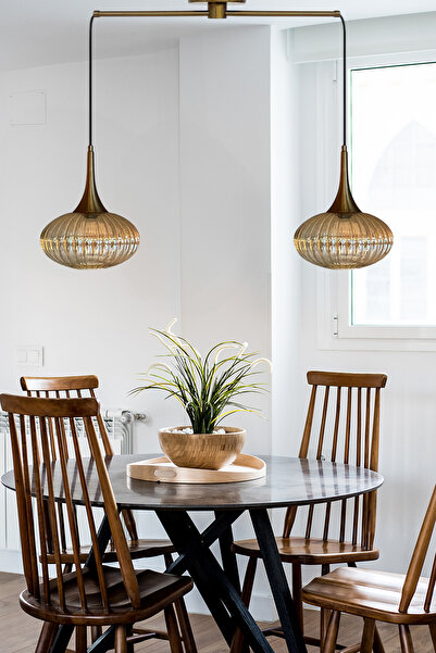 Bamyum Elegant Cam Bal Rengi İkili Metal Çubuk Avize Eskitme Külah Başlık Sarkıt Lamba Salon Aydınlatma