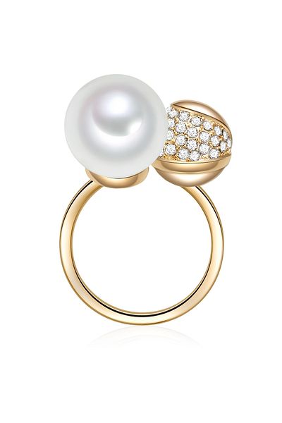 Lulu & Jane Perlenring Ring Gelbgold Muschelkernperle Weiß Zirkonia Weiß
