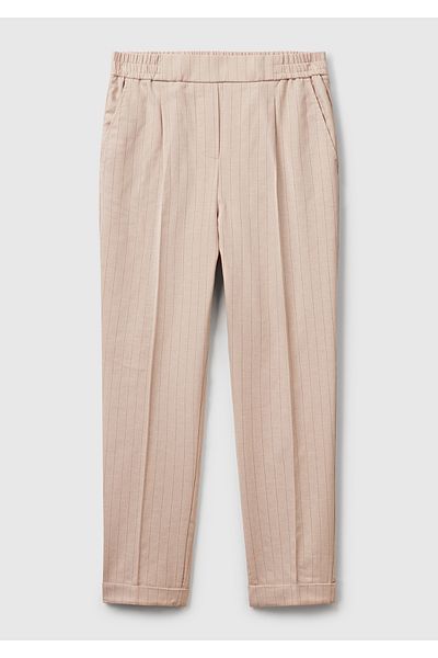 United Colors of Benetton Women's Beige Cotton and Linen Blended Thin Striped Regular Fit Pants