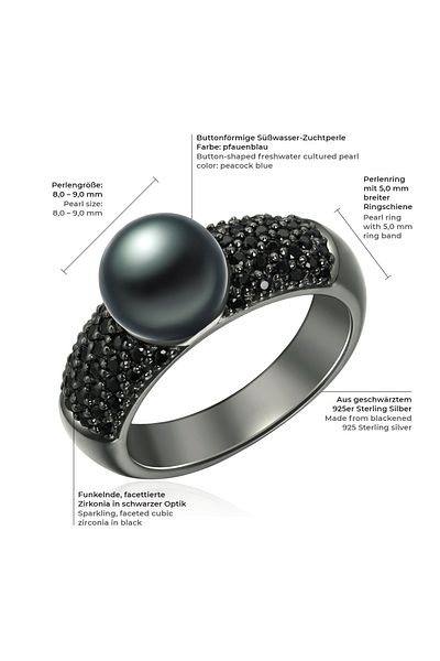 Valero Pearls Perlenring Ring Sterling Silber Schwarz Süßwasser-zuchtperle Pfauenblau Zirkonia Schwarz