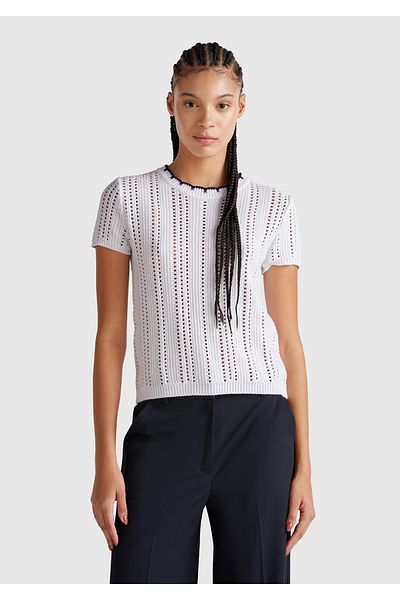 United Colors of Benetton Women's White 100% Cotton Slim Fit Short Sleeve Sweater