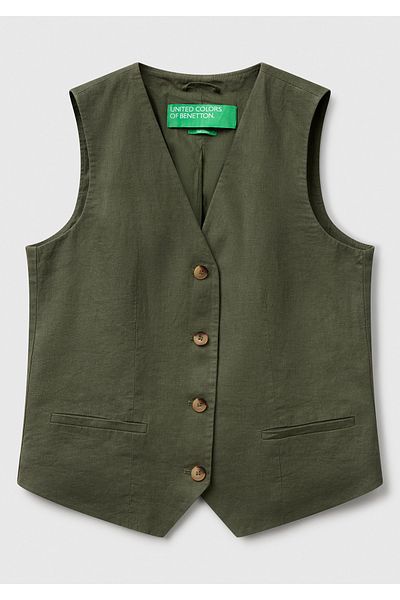United Colors of Benetton Women's Khaki 100% Linen Front Button Buttoned V-Neck Vest