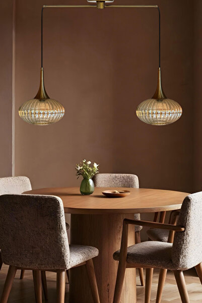 Bamyum Elegant Cam Bal Rengi İkili Metal Çubuk Avize Eskitme Külah Başlık Sarkıt Lamba Salon Aydınlatma