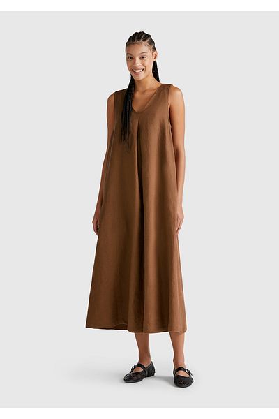 United Colors of Benetton Women's Brown 100% Linen V Neck Sleeveless A-Line Midi Dress