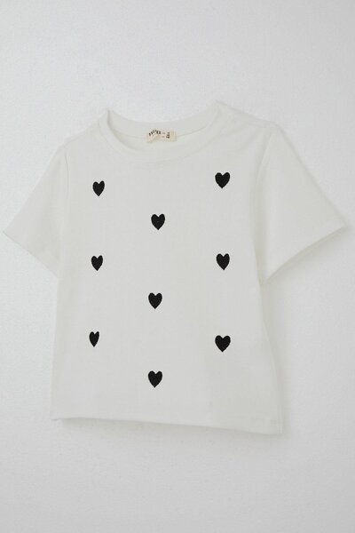 Breeze Girl's T-Shirt with Heart Embroidery Detail, Ages 9-14, Ecru