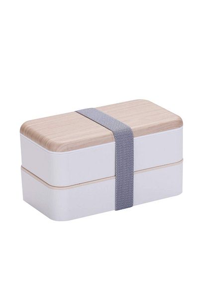 COOYA Double-Layer Lunch Box with Chopsticks and Spoon, Natural Wood, Suitable for Camp and Fish, White