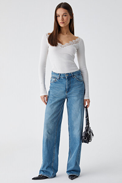 GRIMELANGE PARCERIO Kadın Slim Uzun Kollu Havuz Yaka İnce Ekru T-Shirt