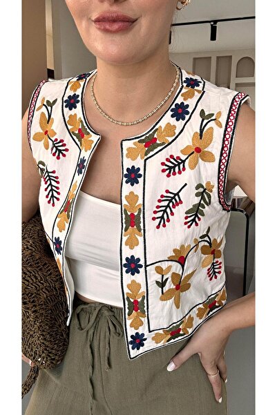 Sezgi Tekin Квітковий вишитий деталь Екрю лляний жилет