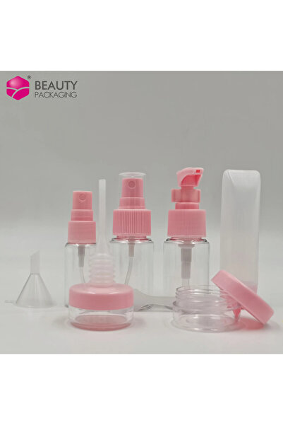TECOS Set recipiente pentru cosmetice, Tecos, plastic, roz, 9 piese, ideale pentru trusa de calatorii