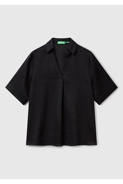 United Colors of Benetton Bluză cu mânecă scurtă, neagră, 100% in, pentru femei, cu guler în V