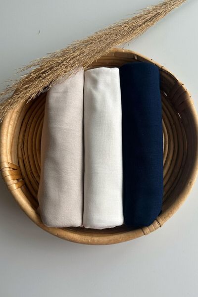 Merve Nayir 3-Piece Combed Cotton Shawl Set Jersey Shawl Lycra Shawl Jersey Hijab Lycra Hijab (Bej - Ecru - Dark Blue)