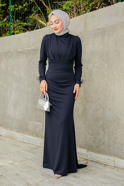 Tesettür Çarşım Rua Feather and Drape Detailed Evening Dress-Laci