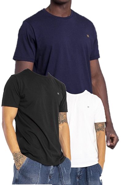 NORFOLK VIGO 3-pack Ανδρικό μπλουζάκι από 100% βαμβακερό οβάλ κομμένο με λαιμόκοψη βασικό μπλουζάκι (Λευκό-Μπλε-Μαύρο)
