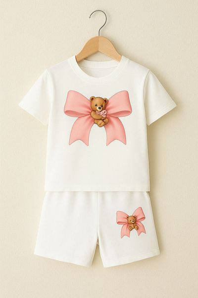 VBSVİBES Pink Bear Teddy Bear Ribbon Printed Children's Suit - White Shorts White T-Shirt Suit Printed Girls' Ya