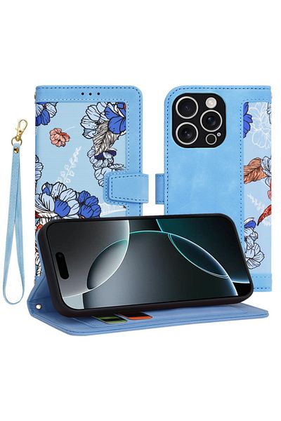 SKYDDAR INNOVATION Husă pentru iPhone 16 Pro, portofel floral, piele, suport, buzunare pentru carduri, albastră, set de autocolante