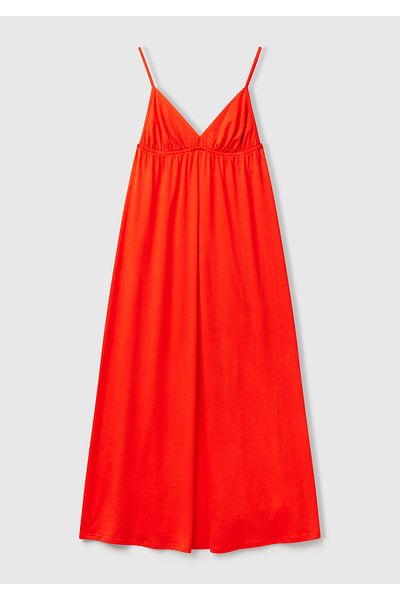 United Colors of Benetton Women's Orange Cotton and Viscose Blended Pleated Strap V-Neck Long Dress