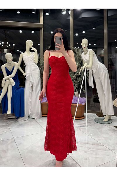 missswans Klami Rope Strap Lace Midi Dress Red