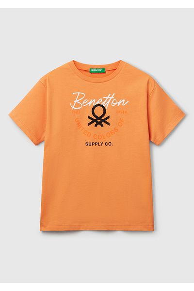 United Colors of Benetton Boy's Orange Benetton Logo Printed T-Shirt