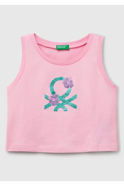 United Colors of Benetton Girl's Pink Glitter Benetton Logo Printed Tank Top