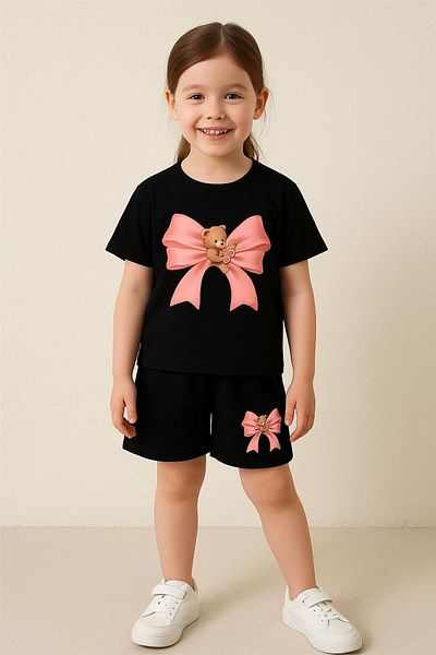VBSVİBES Pink Bear Teddy Bear Ribbon Printed Children's Suit - Black Shorts Black T-Shirt Suit Printed Girls' Ya