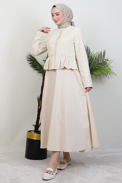 GİYZAMİLA Ruffled Waist Suit Beige