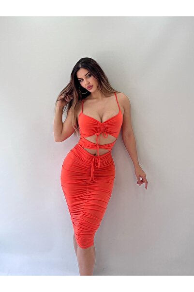 pink life Turuncu Sandy Kumaş Full Likra Kalem Elbise