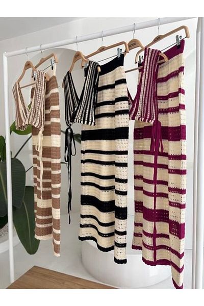 leyla sanat sanata yeni bir bakış açısı Leyla Art a New Perspective on Art Striped Bikini Top and Skirt Knitwear Suit 10110