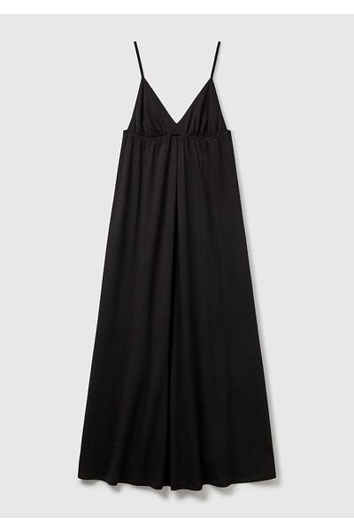 United Colors of Benetton Women's Black Cotton and Viscose Blended Pleated Strap V-Neck Long Dress