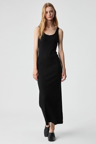 GRIMELANGE Sofutey Women's Slim Sleeveless Hollow Neck Straight Leg Black Dress