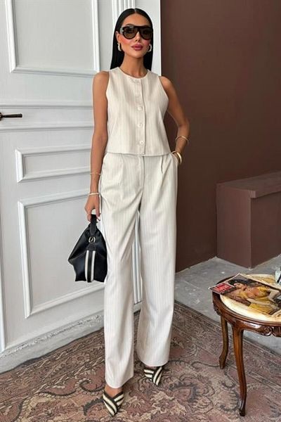 modaserdem Vest Plazzo Pants Striped Flared Polyviscon Suit 10178