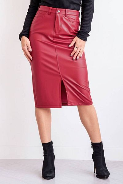 CEDY DENIM Midi Length Red Faux Leather Skirt, Stylish Slimfit Model C624-Red