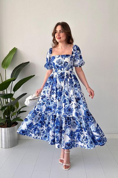 MaziButik Rochie albastră cu flori Albastru