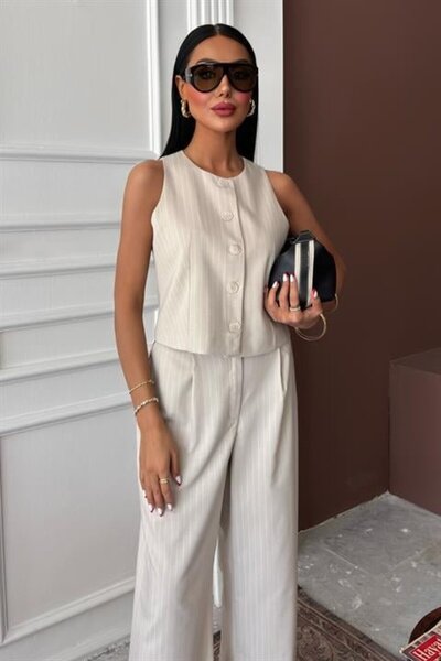 buğrahayalin Vest Plazzo Pants Striped Flared Polyviscon Suit 10178