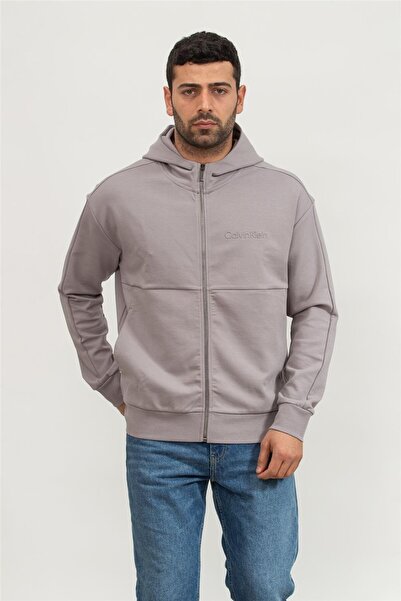 Calvin Klein Embossed Logo Erkek Fermuarlı Sweatshirt Gri