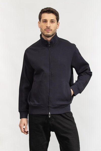 Emporio Armani Navy Blue Men's Sweatshirt - Stand Collar and Zipper Closure, ...
