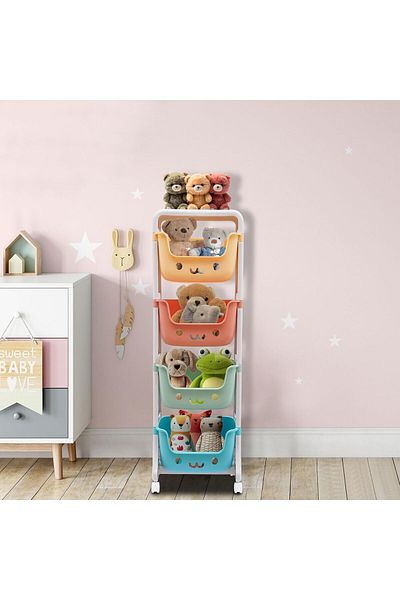 COOYA Children's Toy Storage Rack, 4 Layers, Cute Design, With 4 Universal Wheels, Can Store Snacks, Toys