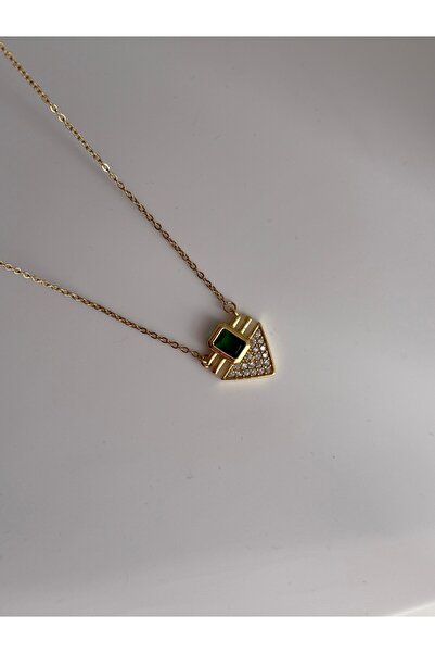 Owentis Steel Gold Green Stone Serenay Quill Necklace -Does Not Tarnish-