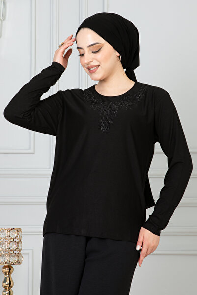 nacar çarşı Women's Black Combed Cotton Plus Size Blouse
