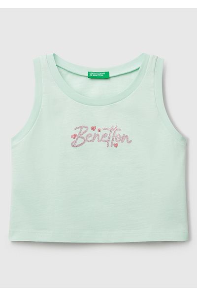 United Colors of Benetton Girl's Aqua Green Glittered Benetton Logo Printed Tank Top