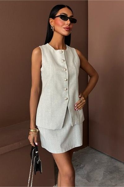 modaserdem Long Vest Mini Skirt Flared Linen Suit 10148