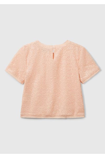 United Colors of Benetton Girl's Crochet Sequined Tulle Lined Back Single Button Short Sleeve Blouse