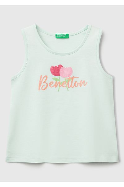 United Colors of Benetton Girl's Aqua Green Glittered Benetton Logo Printed Tank Top