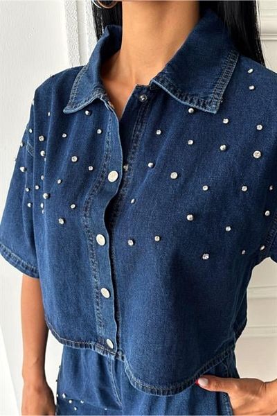 MRA Fashion Stone Detailed Shirt Shorts Denim Suit 10175