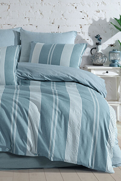 Karden Flower Natural Khaki Cotton Ranforce Double Duvet Cover Set with Elast...