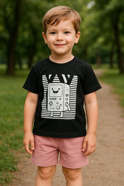 TRENDİMİZBİR Boy's Black T-Shirt Set with Powder Shorts – Retro Game Console Themed Summer Set