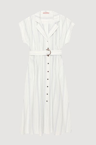 Quzu Pinstripes Belted Shirt Dress Ecru