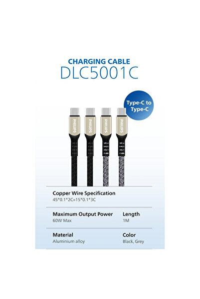 Philips USB-C Şarj ve Data Kablosu, 60W, Hızlı Şarj, 3A Yüksek Akım, 1 Metre, Dayanıklı Örgü Kablo,DLC5001C