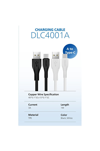 Philips USB-C Şarj ve Data Kablosu, Hızlı Şarj, 3A Yüksek Akım, 1 Metre,Dayanıklı Slikon Kablo,DLC4001A