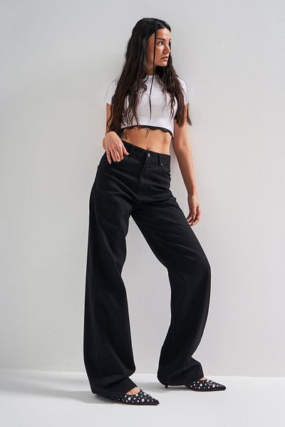 its basic Women's Black Color 1S5-1 Loose Fit Mid Waist Viscose Fabric 100% Cotton Denim Jean