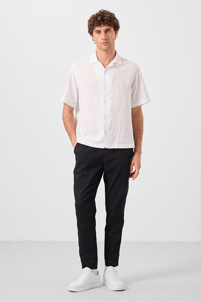 TOMMY LIFE Μαύρο ανδρικό παντελόνι Chino με υφαντό ελαφρύ, ελαστικό, κανονική εφαρμογή - 82177